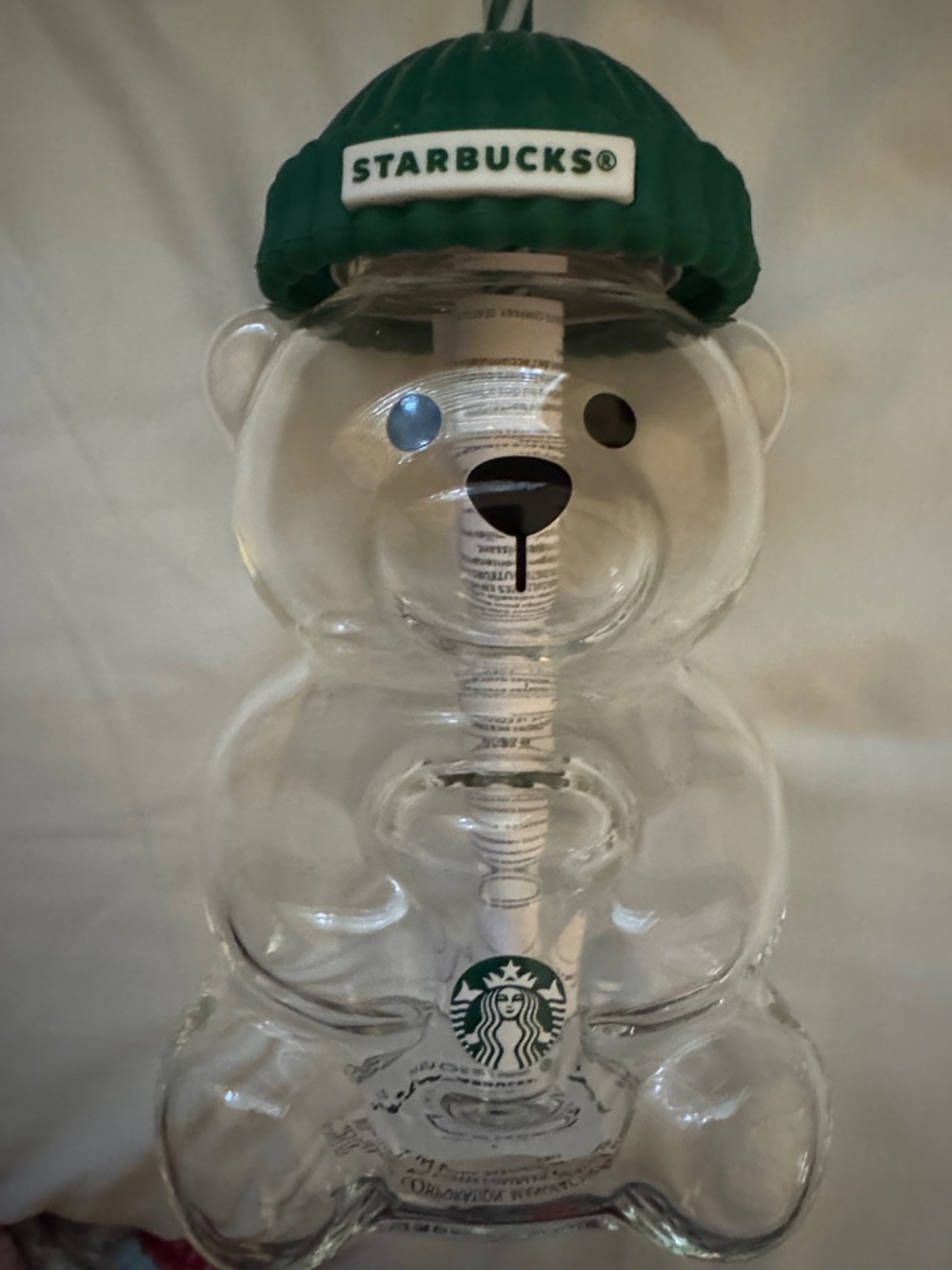 Starbucks Clear Bear Bottle with Green Ribbed Cap and Striped Straw